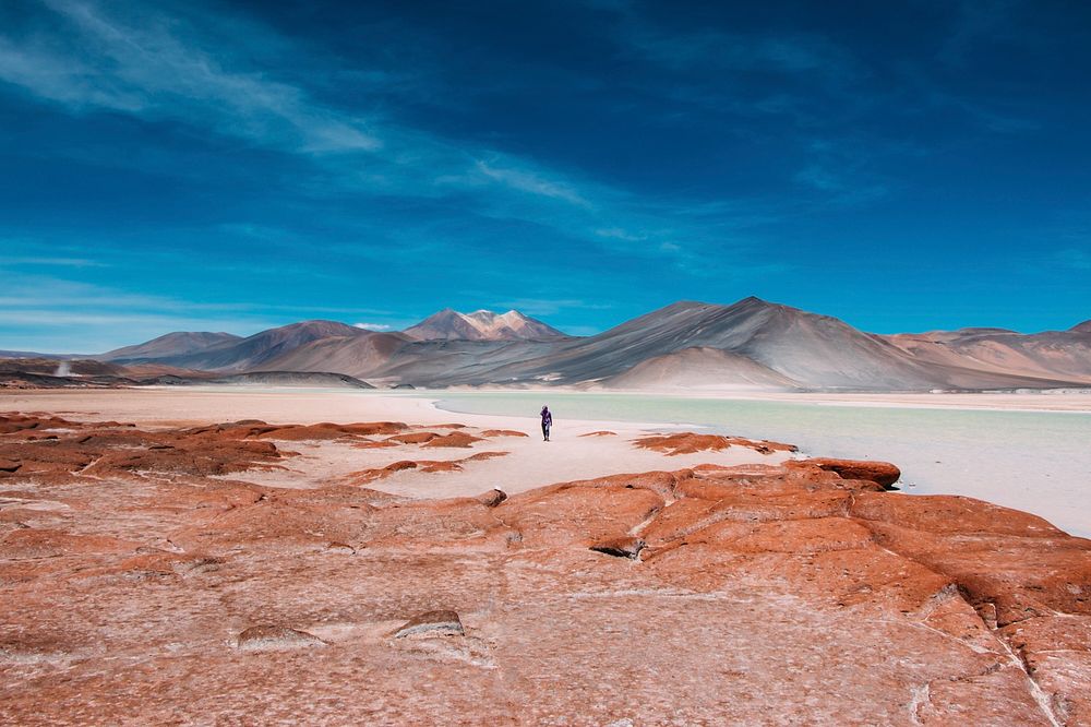Person walks toward mountains on the horizon of the Atacama Desert. Original public domain image from Wikimedia Commons