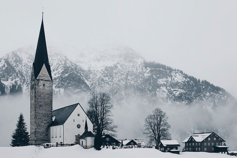 A church during winter in Mittelberg, Austria. Original public domain image from Wikimedia Commons