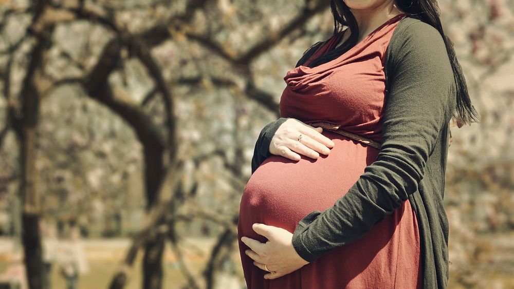 Pregnant woman holds her belly in autumn colors outdoors. Original public domain image from Wikimedia Commons