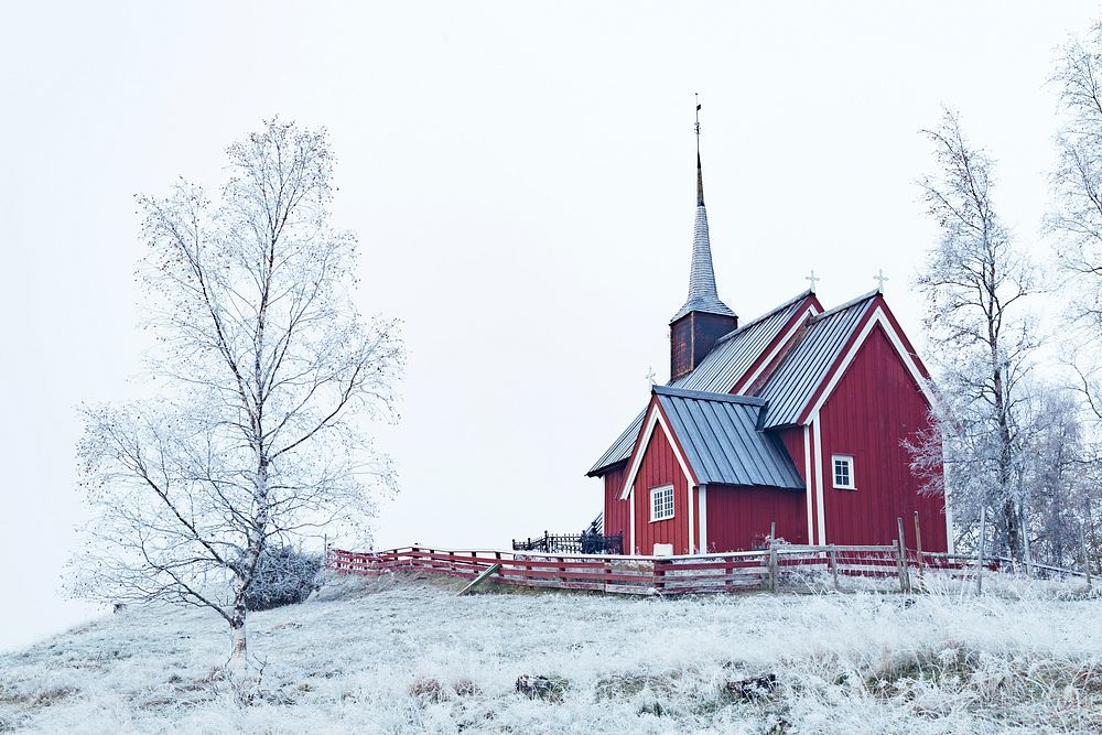 Red church during winter. Original public domain image from Wikimedia Commons