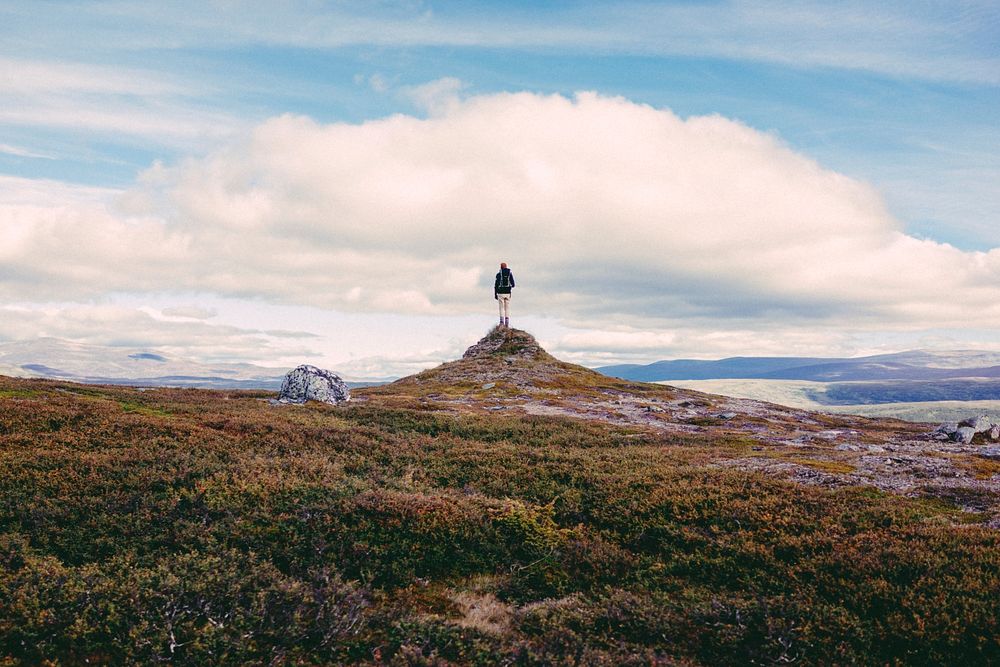 A lone hiker on top of a small rock tower in a shrub-covered plain in Helagsfjället. Original public domain image from…