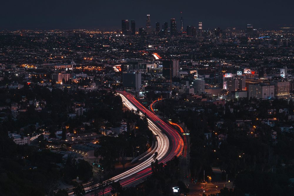 Long exposure of Los Angeles traffic at night with skyline. Original public domain image from Wikimedia Commons