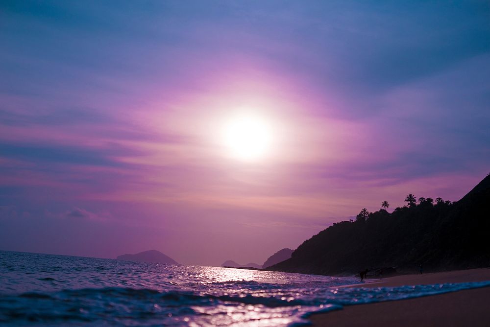 Beach purple view with sky, scenery. Original public domain image from Wikimedia Commons