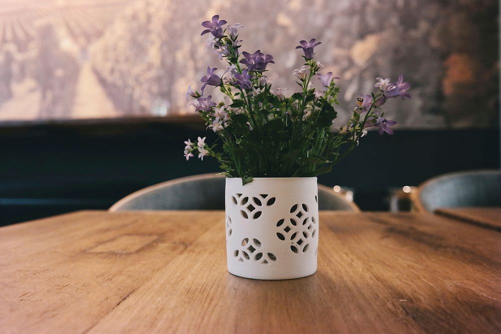 White and violet flowers in a white flowerpot on a wooden table. Original public domain image from Wikimedia Commons