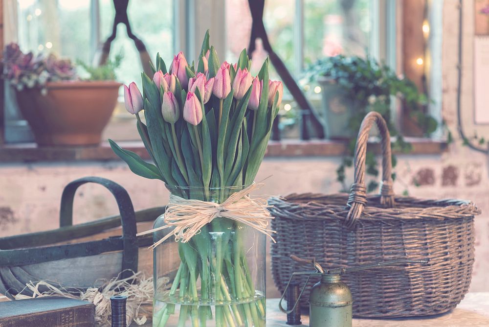 A large glass vase filled with pink tulips next to a wicker basket. Original public domain image from Wikimedia Commons