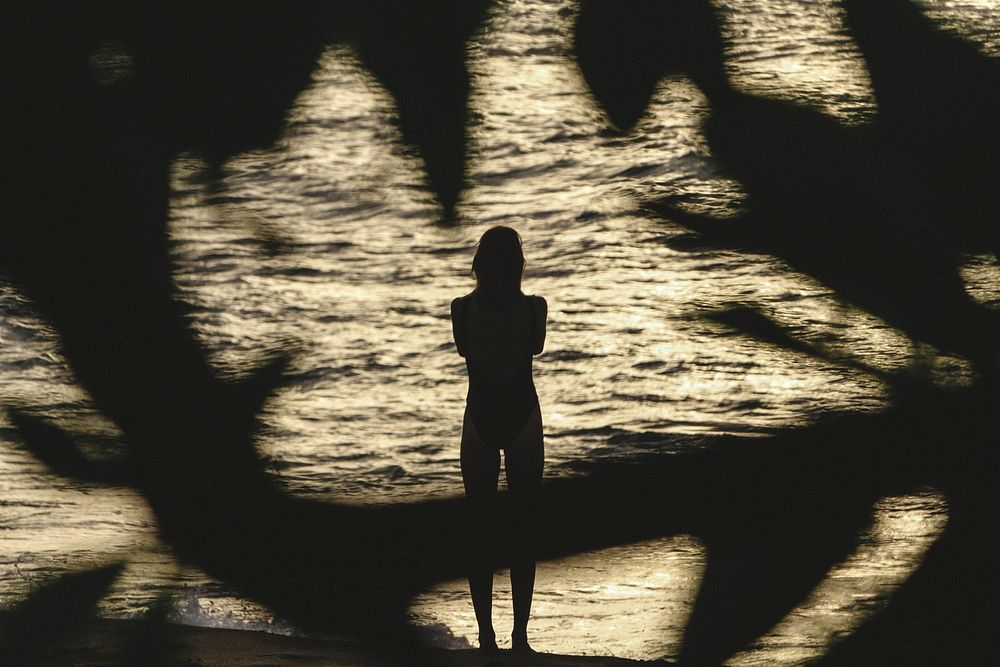 The silhouette of a woman standing on the beach through leaves in Haleiwa. Original public domain image from Wikimedia…