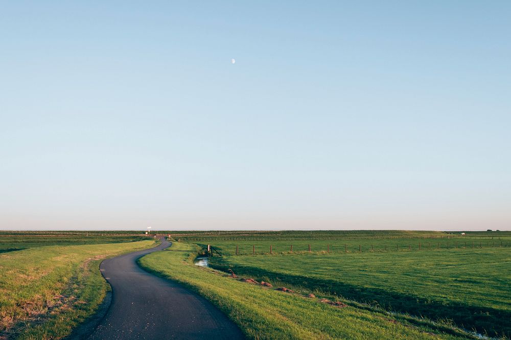 A winding road through a green meadow. Original public domain image from Wikimedia Commons