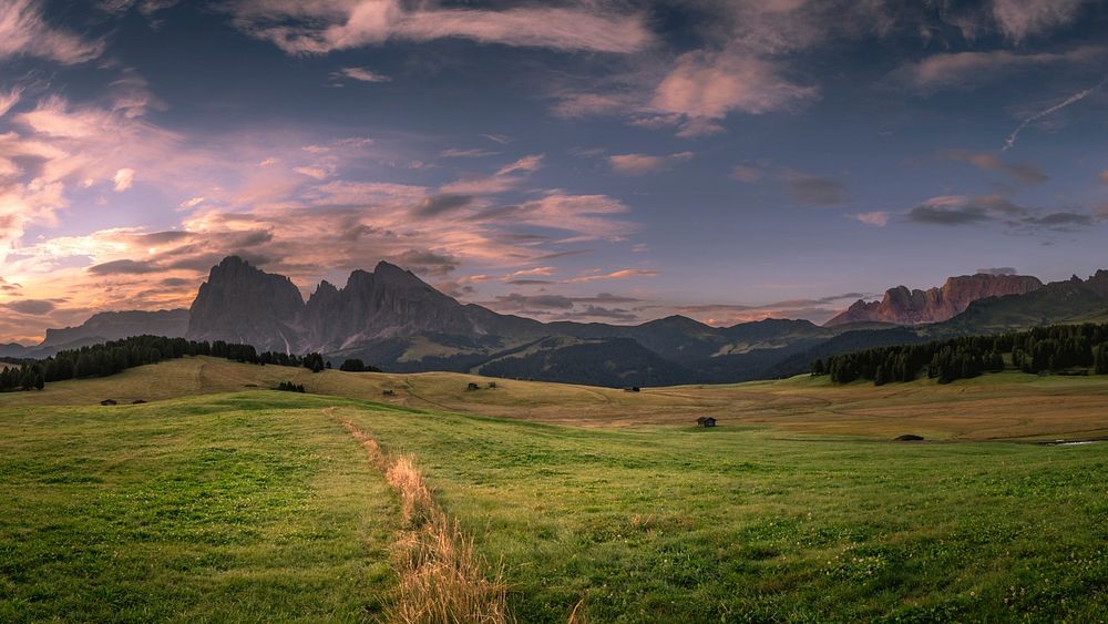 The tranquil green Seiser Alm meadow in the Dolomites. Original public domain image from Wikimedia Commons