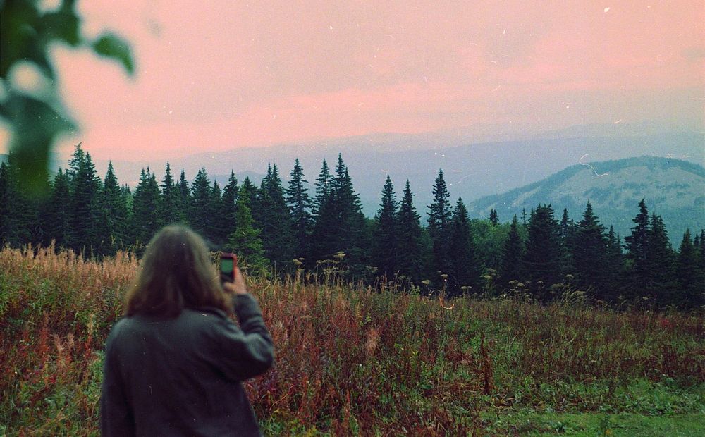 A woman taking a photo of a forest with her phone. Original public domain image from Wikimedia Commons