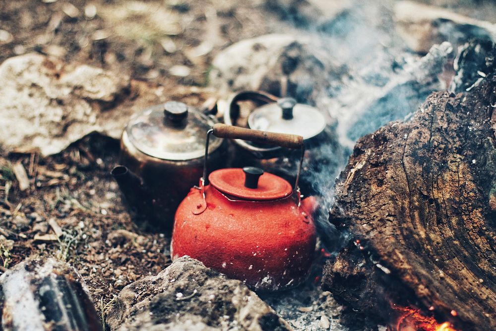Vintage rustic teakettle head up near stack of firewood outside. Original public domain image from Wikimedia Commons