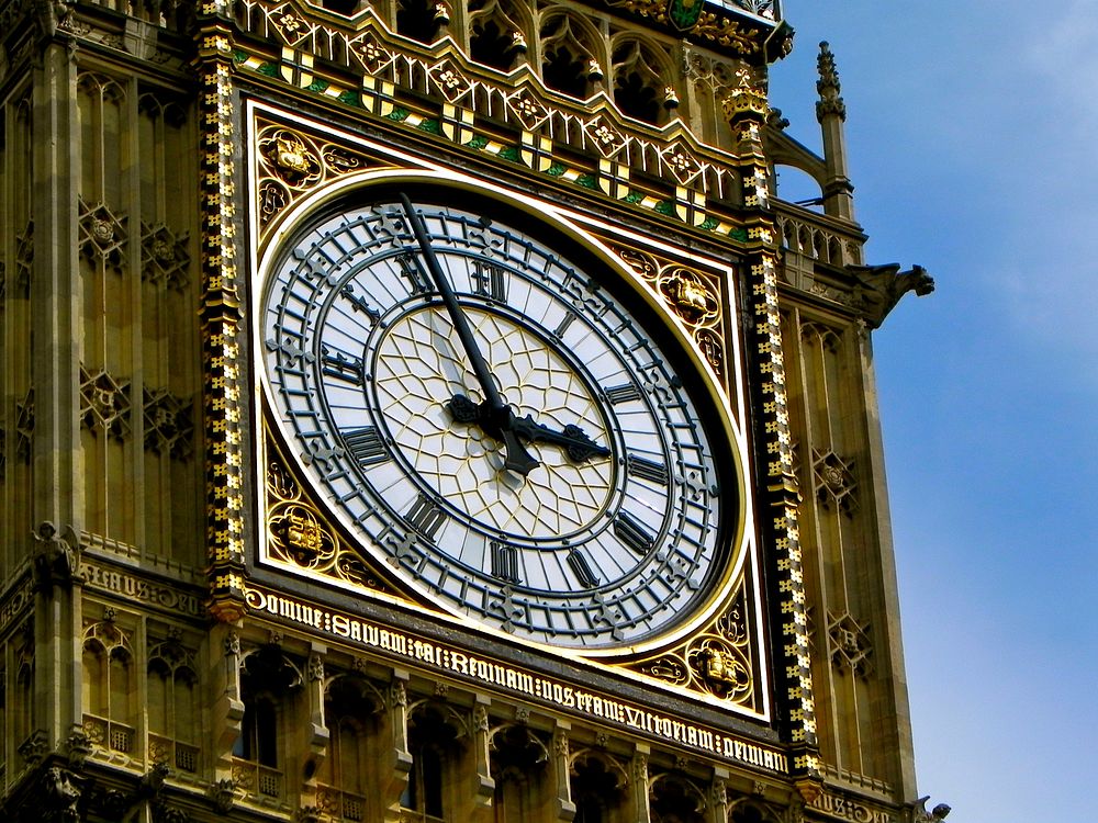 A close-up detail shot of Big Ben in Westminster, London. Original public domain image from Wikimedia Commons