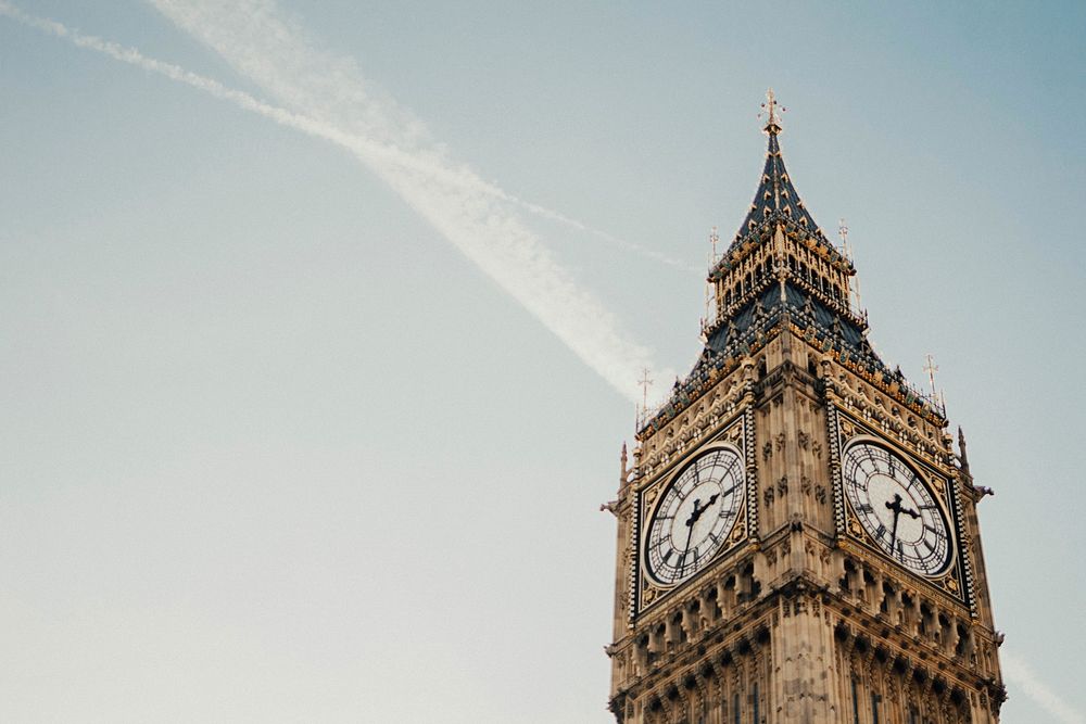 Top of clock tower Big Ben. Original public domain image from Wikimedia Commons