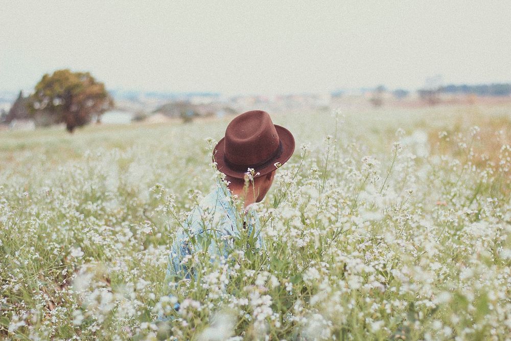 Person in a brown hat sitting in a field of wildflowers. Original public domain image from Wikimedia Commons