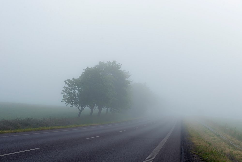 A country road disappears into a foggy horizon. Original public domain image from Wikimedia Commons