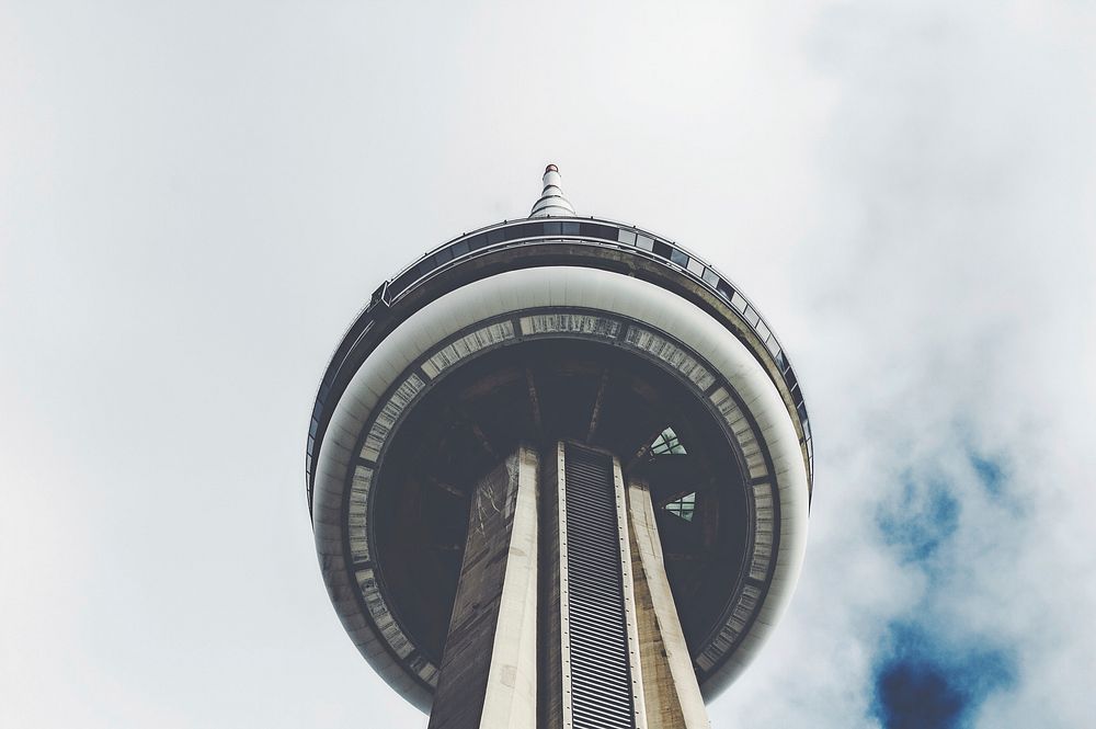 Looking skyward at the main pod of the CN Tower in Toronto. Original public domain image from Wikimedia Commons