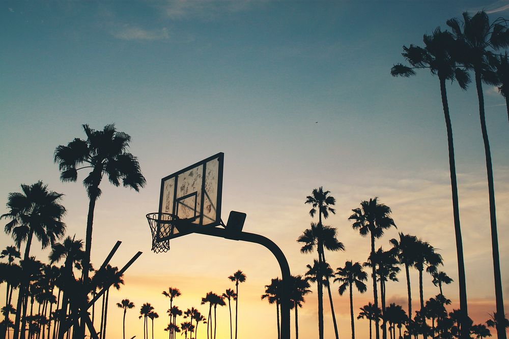 A yellow and blue sunset in Venice, Los Angeles forming silhouettes of a basketball court and numerous palm trees. Original…