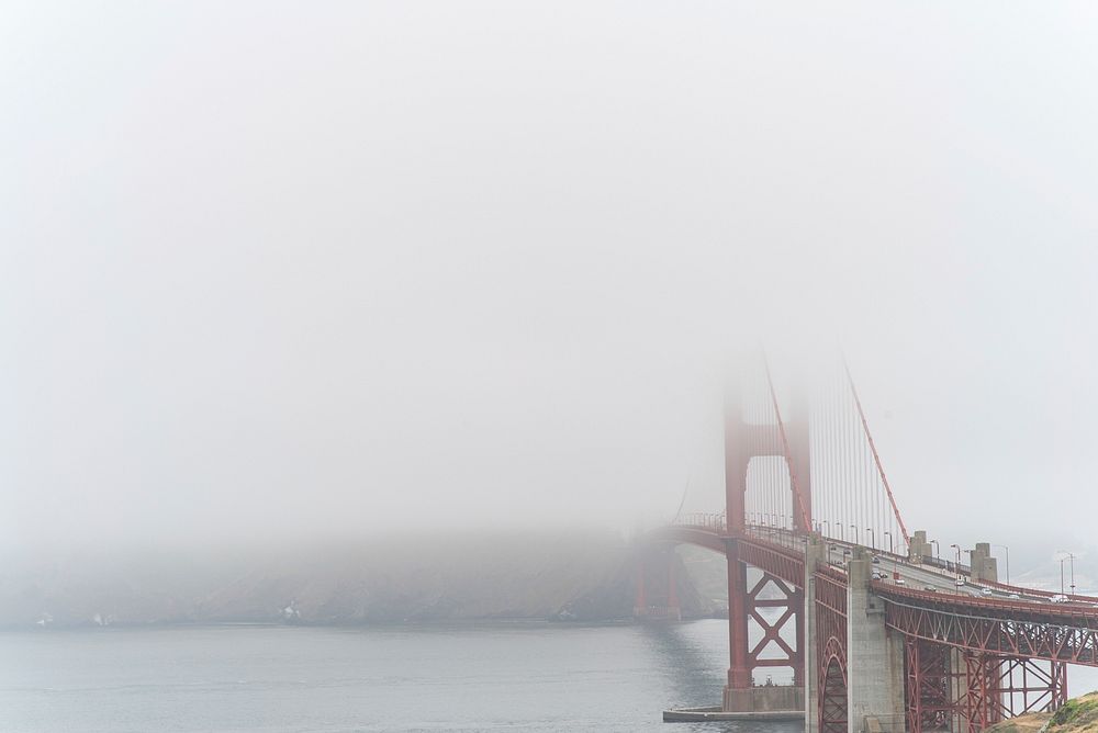 Fog falls over Golden Gate Bridge in San Francisco Bay. Original public domain image from Wikimedia Commons