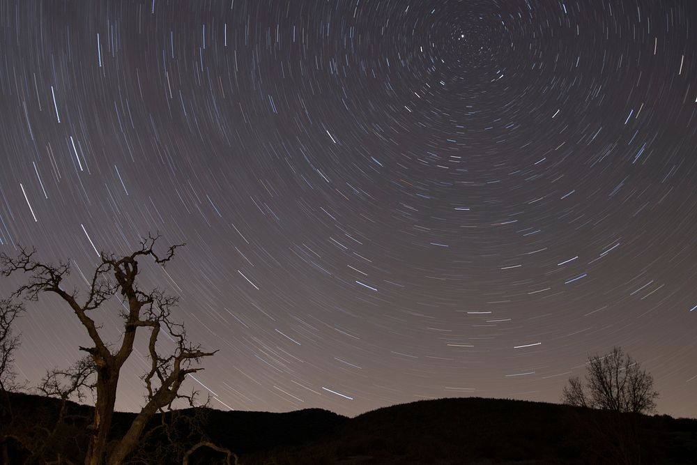 A long exposure shot of a star-filled night sky, featuring silhouette trees and hills. Original public domain image from…