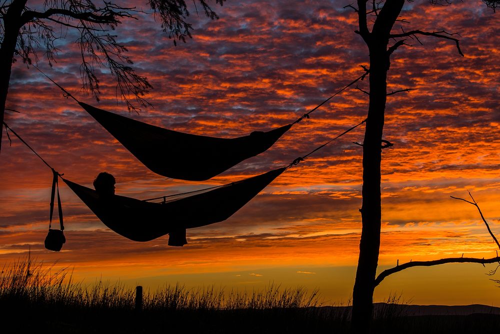 The silhouettes of two people in hammocks against a deep red and orange sunset in Neilston Pad. Original public domain image…
