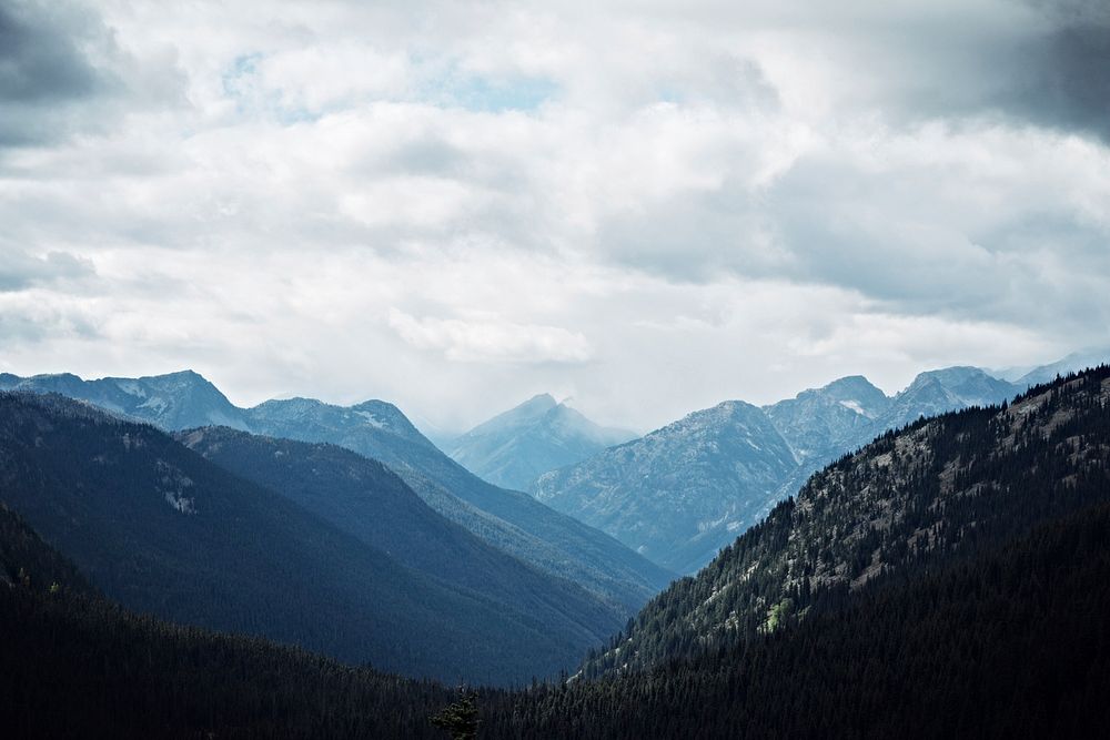 A valley in North Cascades National Park under overcast sky. Original public domain image from Wikimedia Commons