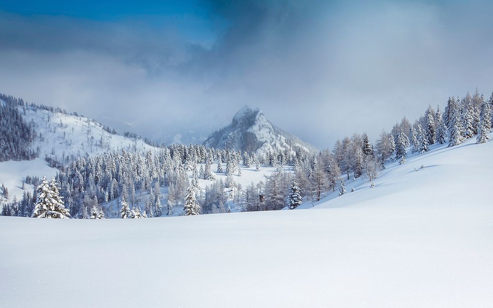 A background consisting of a foggy sky at the winter alps in Postalm. Original public domain image from Wikimedia Commons