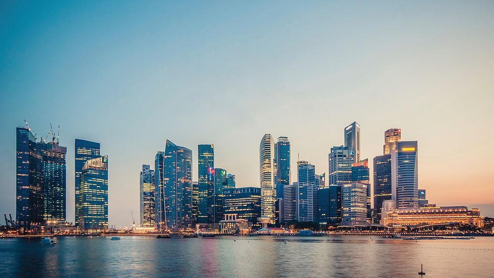 View of Marina Bay skyline during sunset. Original public domain image from Wikimedia Commons