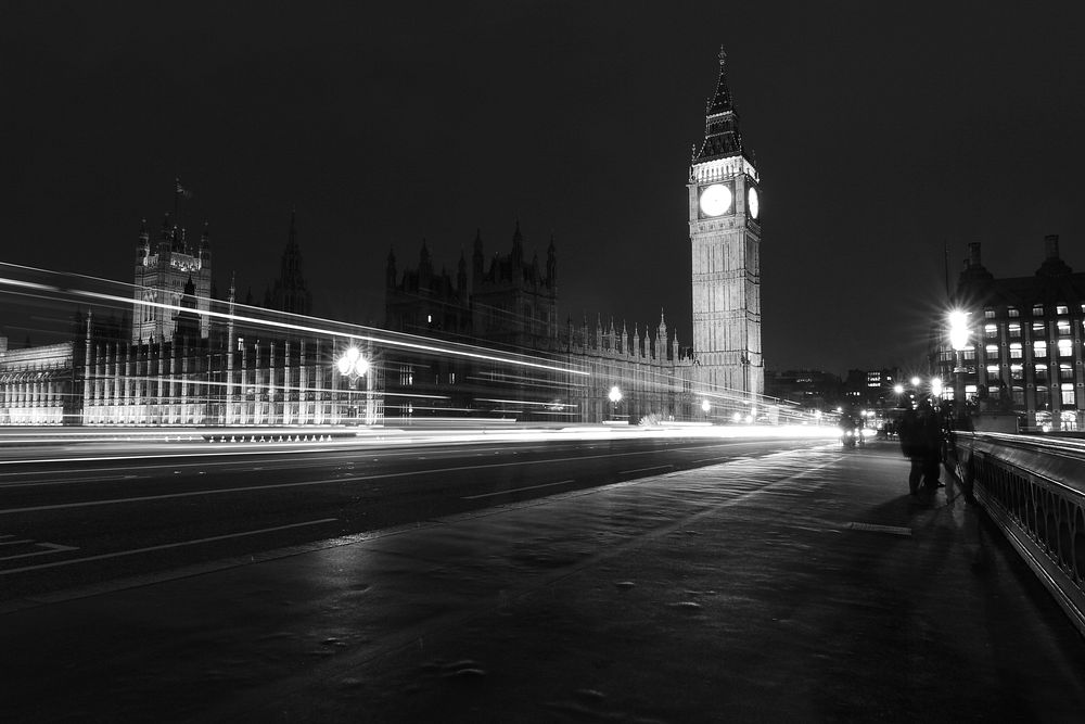 Landscape of Big Ben London in grey scale. Original public domain image from Wikimedia Commons