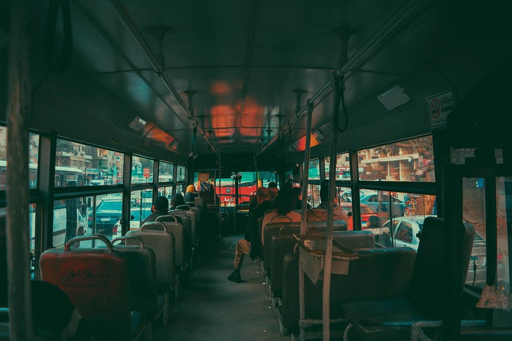 The interior of an old bus in the morning in Shobra. Original public domain image from Wikimedia Commons