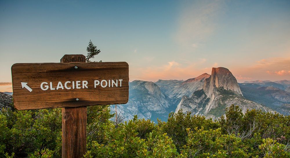 A signboard in Yosemite Valley reads “Glacier Point”. Original public domain image from Wikimedia Commons