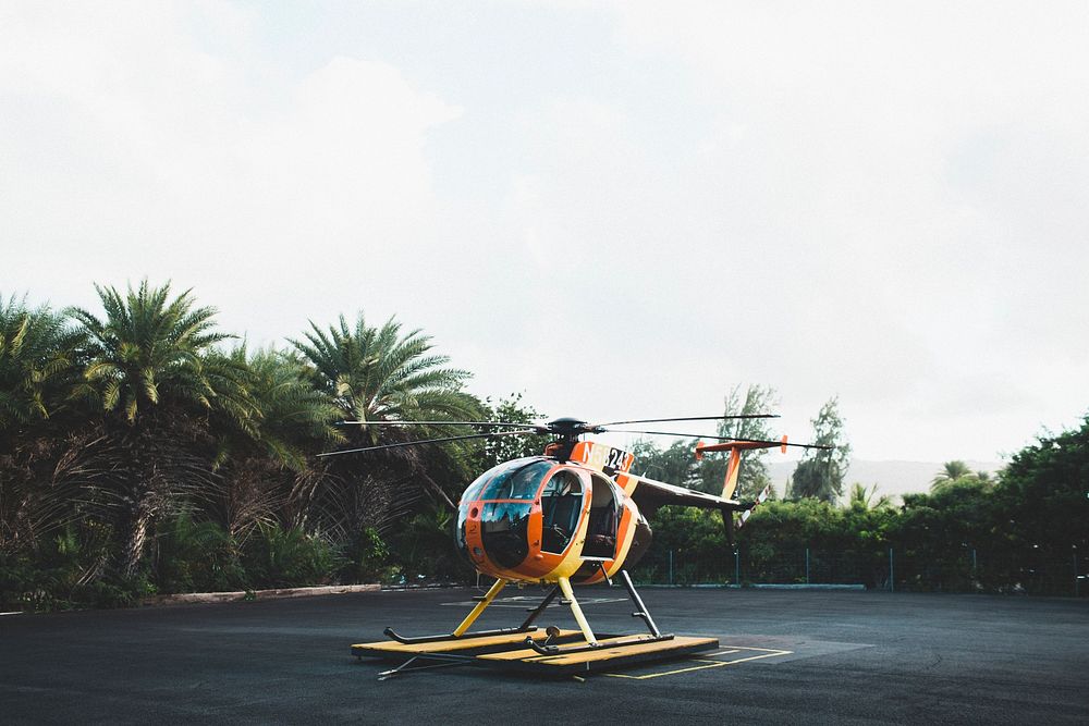 An orange helicopter on a landing pad surrounded by palm trees. Original public domain image from Wikimedia Commons