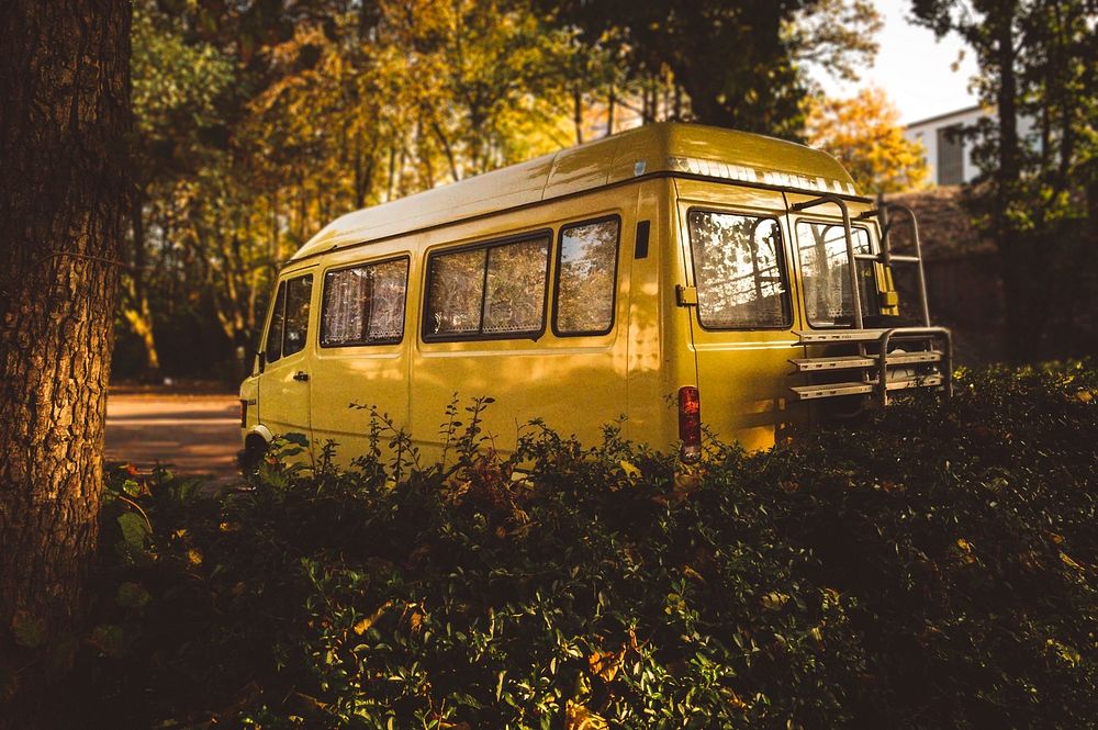 Retro yellow van parked among the trees. Original public domain image from Wikimedia Commons