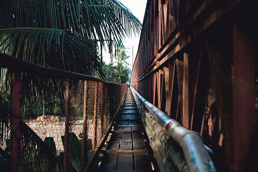 A wooden bridge that is lined with pipes and palm trees in Luang Prabang. Original public domain image from Wikimedia Commons