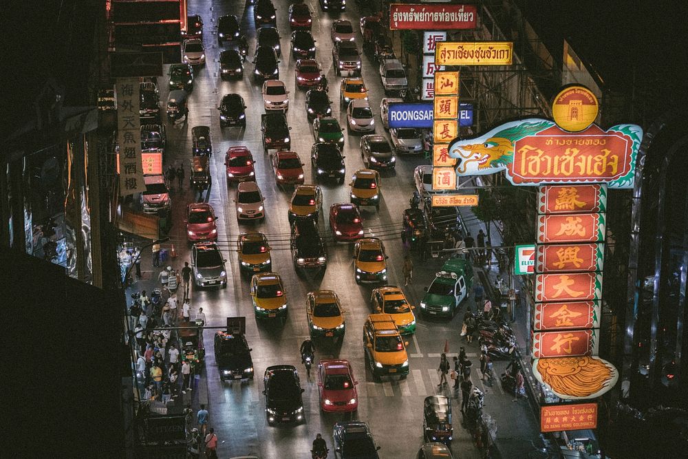 A drone shot of congested night traffic in Chinatown.. Original public domain image from Wikimedia Commons