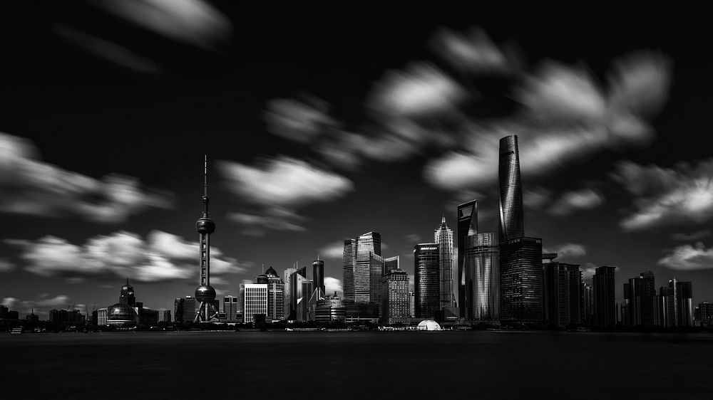 Grayscale photo of Oriental Pearl Tower, Shanghai, China. Original public domain image from Wikimedia Commons
