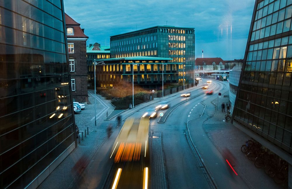 A long exposure shot of the urban nightscape and traffic in Copenhagen.. Original public domain image from Wikimedia Commons