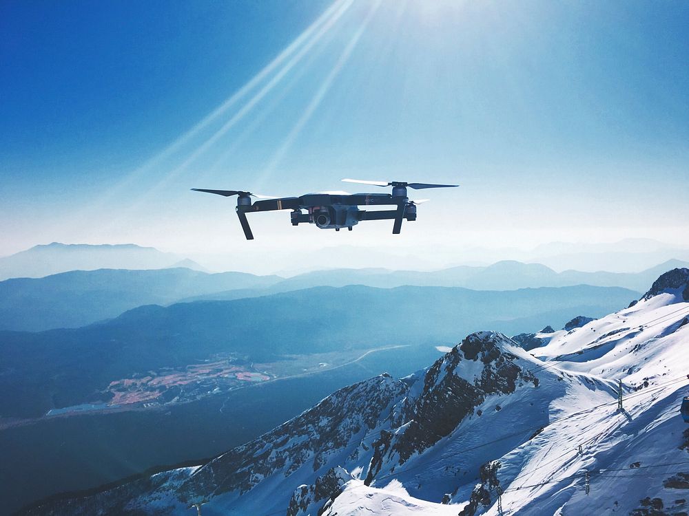 Drone flying in the mountains. Original public domain image from Wikimedia Commons