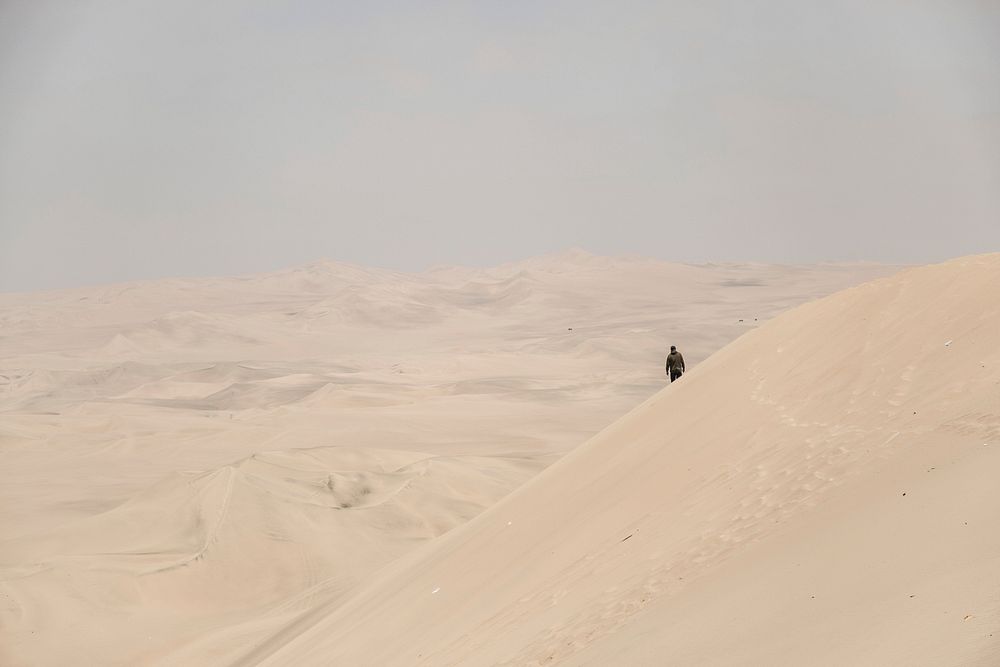 Hiking alone through the hot sandy desert of Huacachina. Original public domain image from Wikimedia Commons