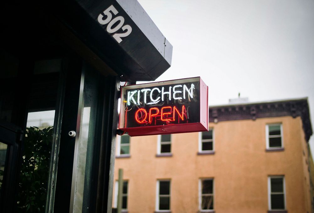 Kitchen open neon sign. Original public domain image from Wikimedia Commons