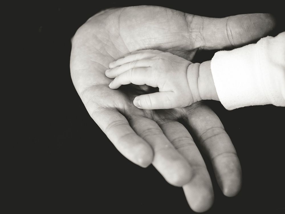 A black and white close up shot of a man's hand, with his child's hand in his palm. Original public domain image from…