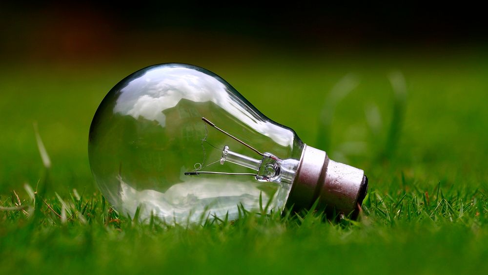 Close-up of a light bulb lying on green grass. Original public domain image from Wikimedia Commons