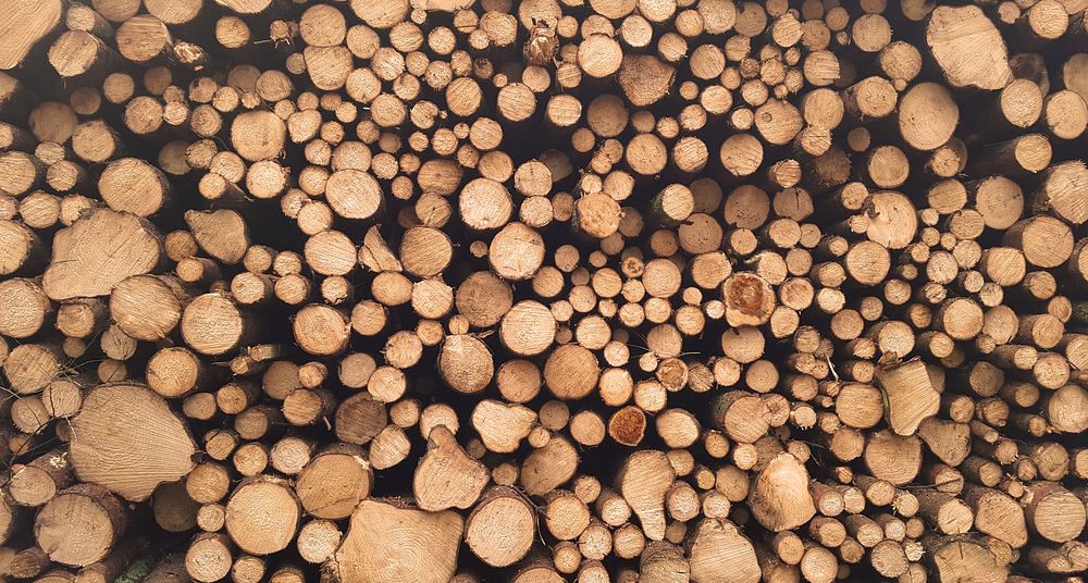 A large pile of brown lumber. Original public domain image from Wikimedia Commons