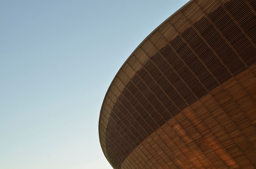 The saucer-like facade of a sports arena against blue sky. Original public domain image from Wikimedia Commons