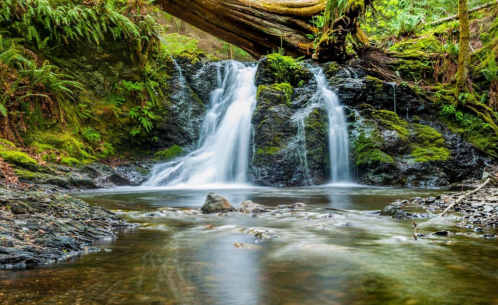 A forked waterfall pouring down into a stream in Moran State Park. Original public domain image from Wikimedia Commons