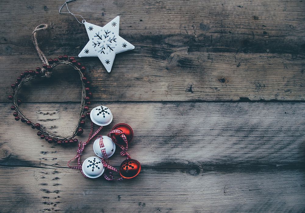 Cute ornaments on wooden surface, flat lay. Original public domain image from Wikimedia Commons