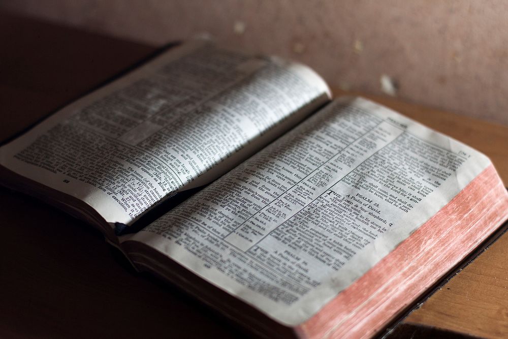 Old vintage bible with worn pages open to a reading. Original public domain image from Wikimedia Commons