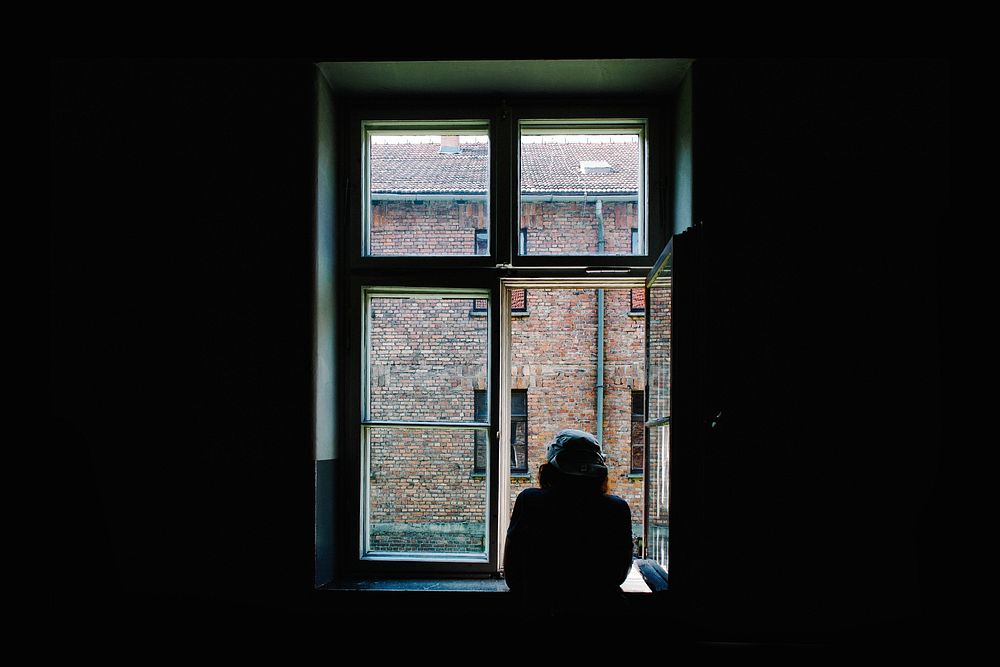 Woman looking out the window. Original public domain image from Wikimedia Commons