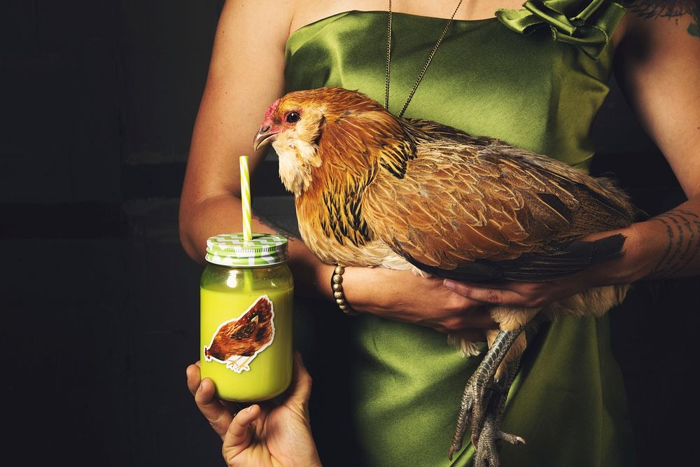 Chicken in woman's arms, green jar. Original public domain image from Wikimedia Commons