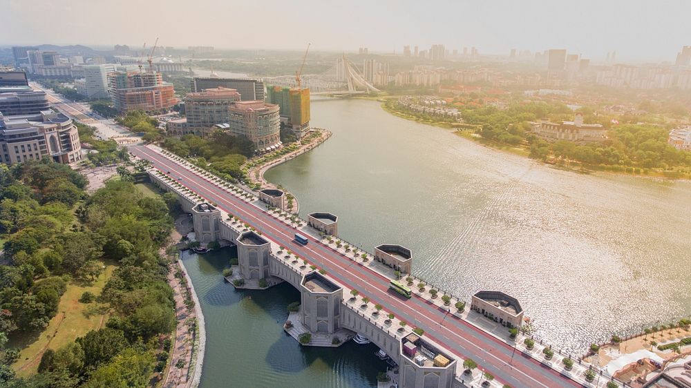 Drone shot of big bridge with unique architecture and lake in Putrajaya, Malaysia. Original public domain image from…