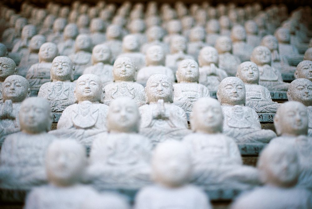 Rows of miniature stone Buddhist figurines. Original public domain image from Wikimedia Commons