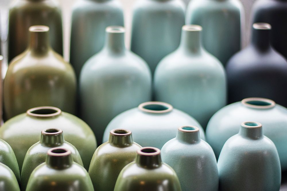Green and blue ceramic bottles. Original public domain image from Wikimedia Commons